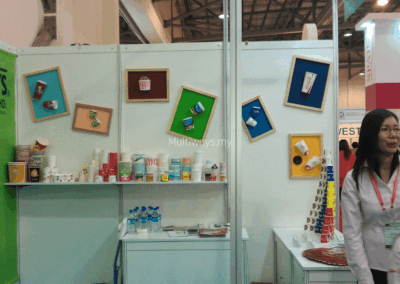 A creative wall display featuring our premium paper packaging range showcased in colourful frames